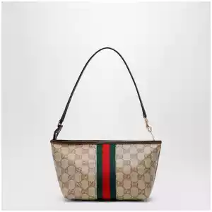 GUCCI Small pouch in sand beige GG fabric with Web stripe