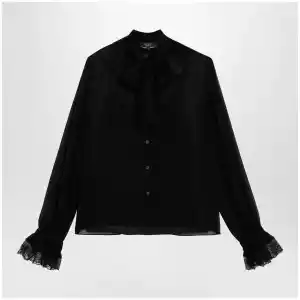 GUCCI Black lightweight silk georgette shirt with lace