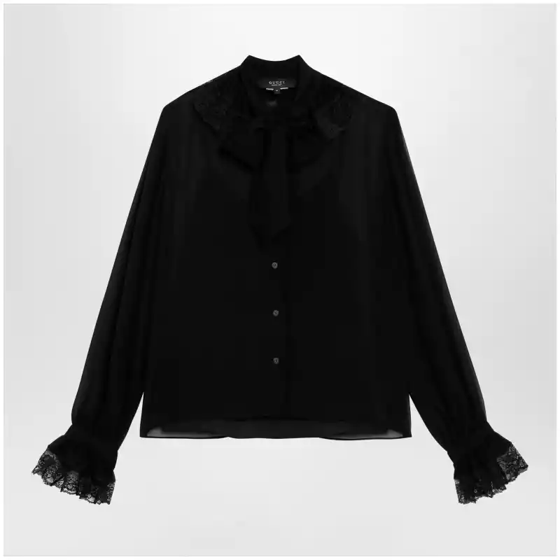 GUCCI Black lightweight silk georgette shirt with lace