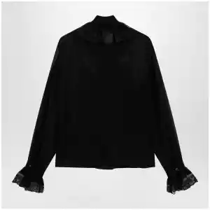 GUCCI Black lightweight silk georgette shirt with lace