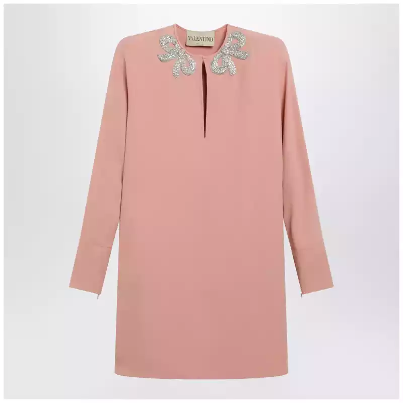 9B3VAKN61MM_T_VALE-3GH.x Valentino Pink silk short dress with embroidered bows