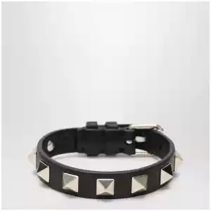 Valentino Garavani Black leather Rockstud bracelet with gold-tone studs