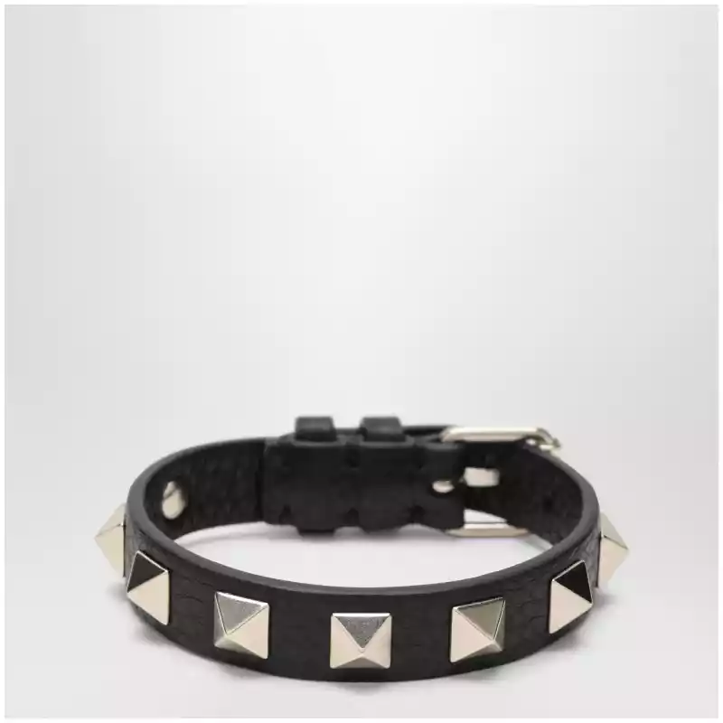 Valentino Garavani Black leather Rockstud bracelet with gold-tone studs