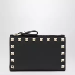 Valentino Garavani Black Leather Rockstud Zip Card Holder