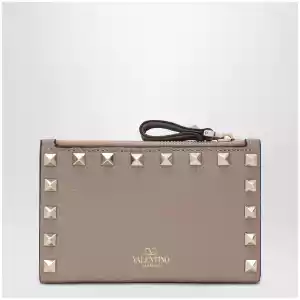 Valentino Garavani Powder Pink Leather Rockstud Zip Card Holder