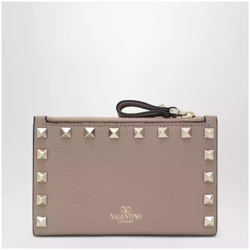 Valentino Garavani Powder Pink Leather Rockstud Zip Card Holder
