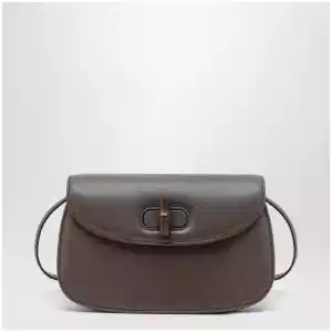 GUCCI Small shoulder bag in dark taupe leather with bamboo closure