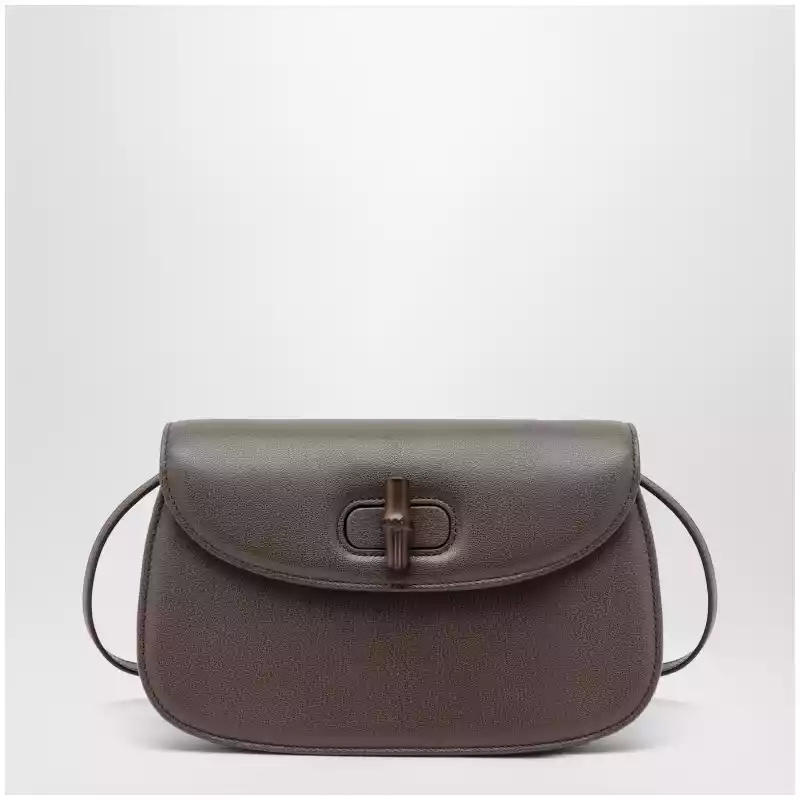 GUCCI Small shoulder bag in dark taupe leather with bamboo closure