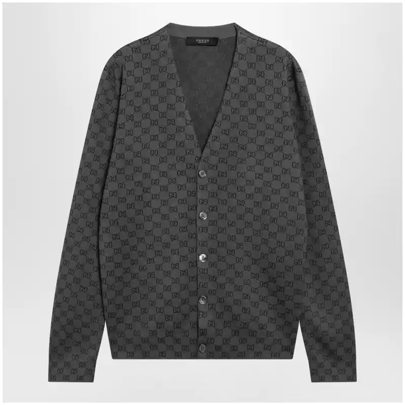 GUCCI Grey wool and silk cardigan with GG motif