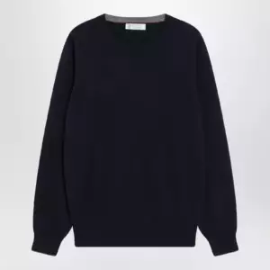 Brunello Cucinelli Navy blue cashmere crewneck sweater with contrast trim