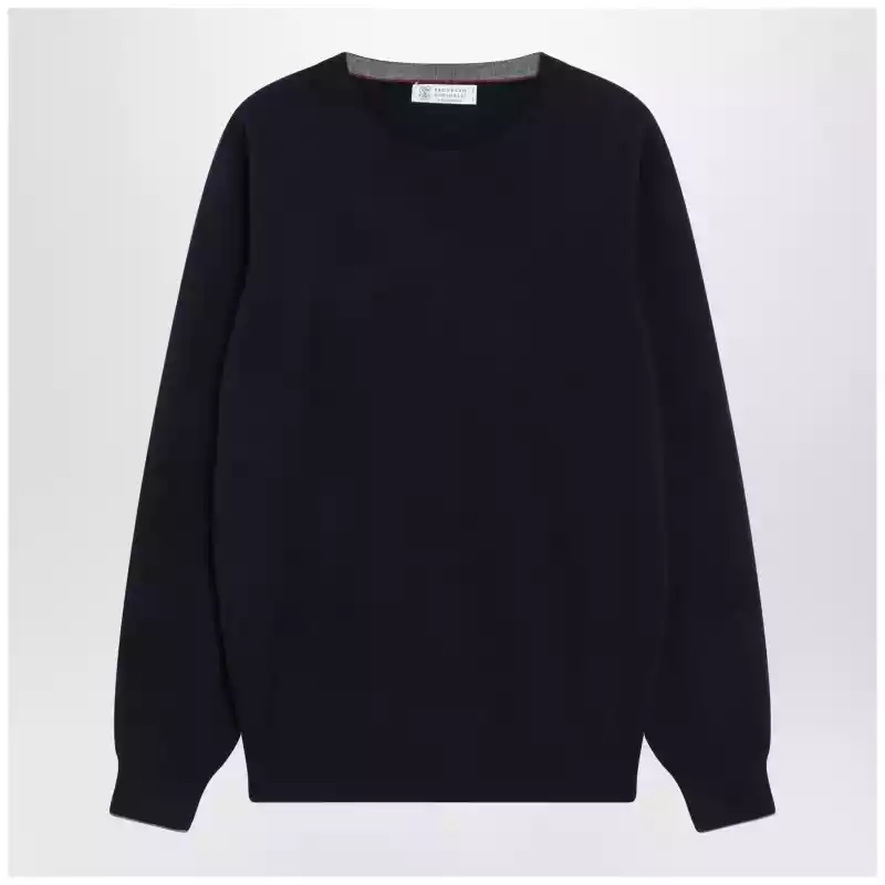 Brunello Cucinelli Navy blue cashmere crewneck sweater with contrast trim