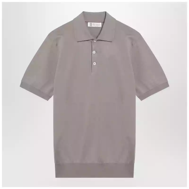Brunello Cucinelli Light brown cotton knit polo shirt
