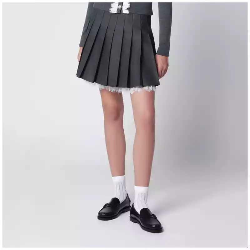 Self-Portrait Pleated wool mini skirt with lace trim in grey