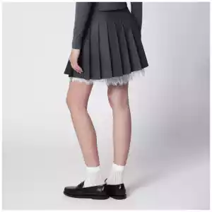 Self-Portrait Pleated wool mini skirt with lace trim in grey