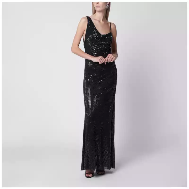 Self-Portrait Draped rhinestone-embellished maxi dress in black