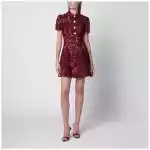 Self-Portrait Lace mini dress with floral buttons in burgundy