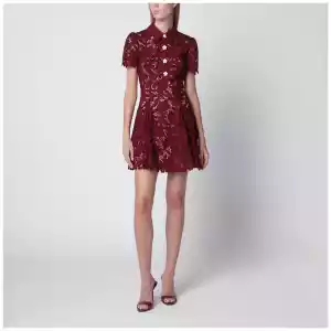 Self-Portrait Lace mini dress with floral buttons in burgundy