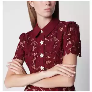 Self-Portrait Lace mini dress with floral buttons in burgundy