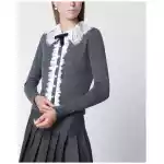 Self-Portrait Knitted wool cardigan with lace collar in grey