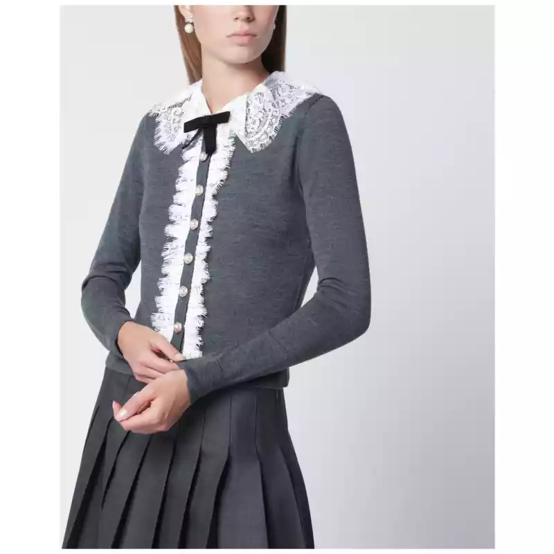 Self-Portrait Knitted wool cardigan with lace collar in grey