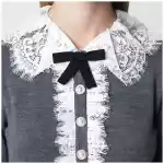 Self-Portrait Knitted wool cardigan with lace collar in grey