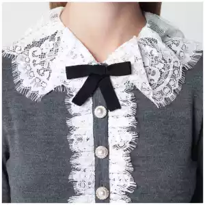 Self-Portrait Knitted wool cardigan with lace collar in grey