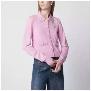 Self-Portrait Wool knit cardigan with floral embroidery in pink