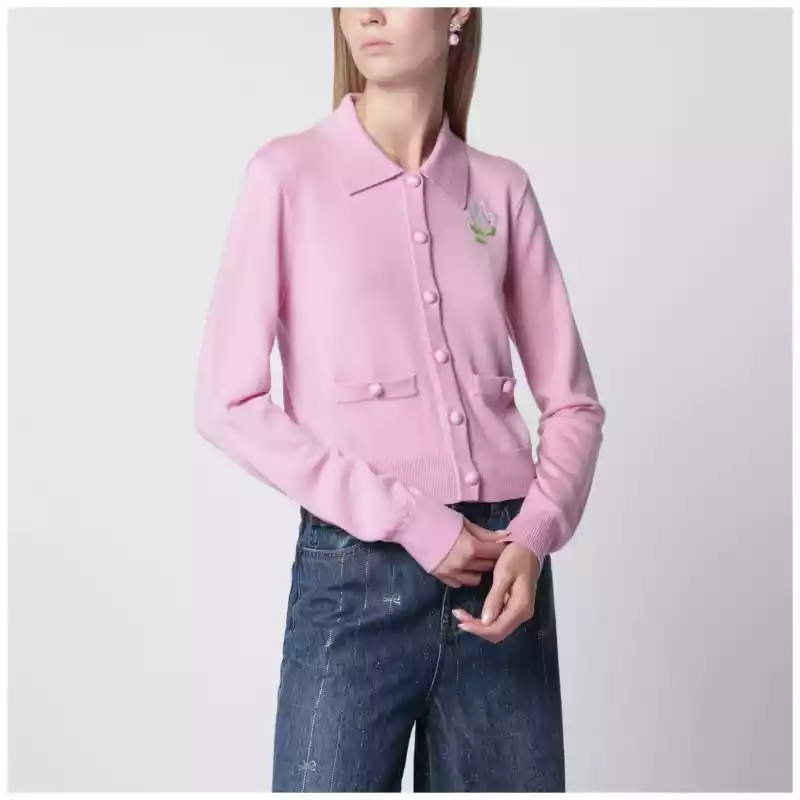 Self-Portrait Wool knit cardigan with floral embroidery in pink