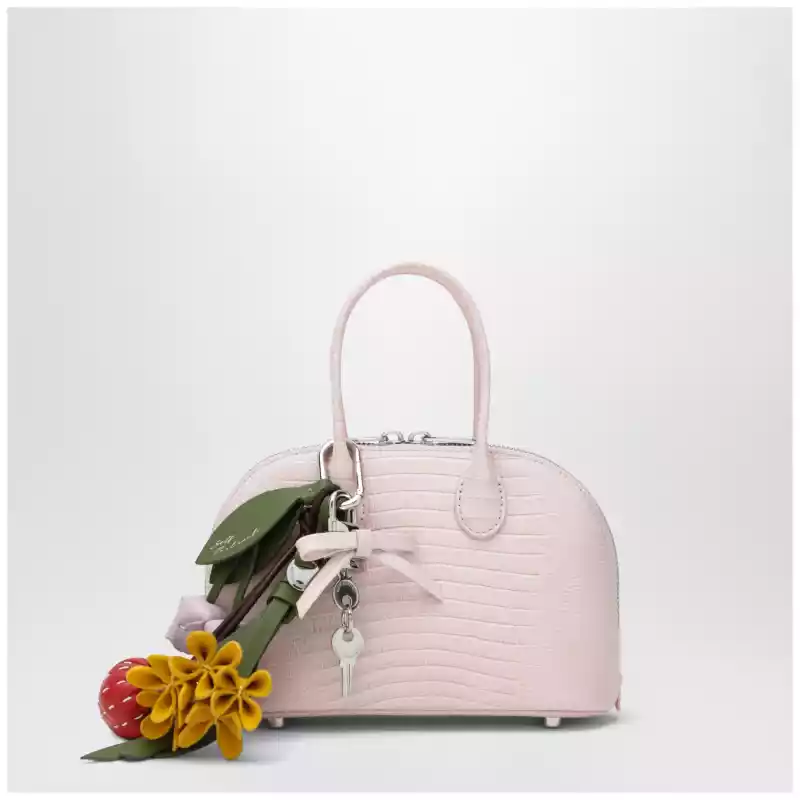 Self-Portrait Mini embossed leather bowling bag in pink