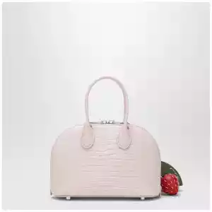Self-Portrait Mini embossed leather bowling bag in pink