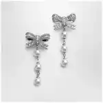 Self-Portrait Crystal bow and pearl drop earrings in silver