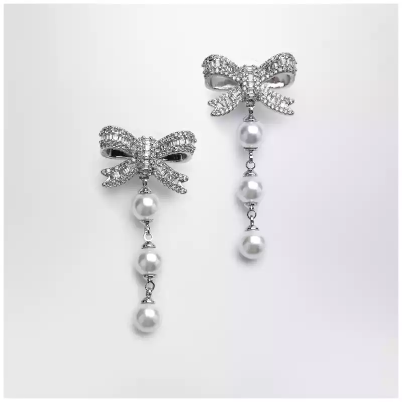 Self-Portrait Crystal bow and pearl drop earrings in silver