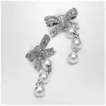 Self-Portrait Crystal bow and pearl drop earrings in silver
