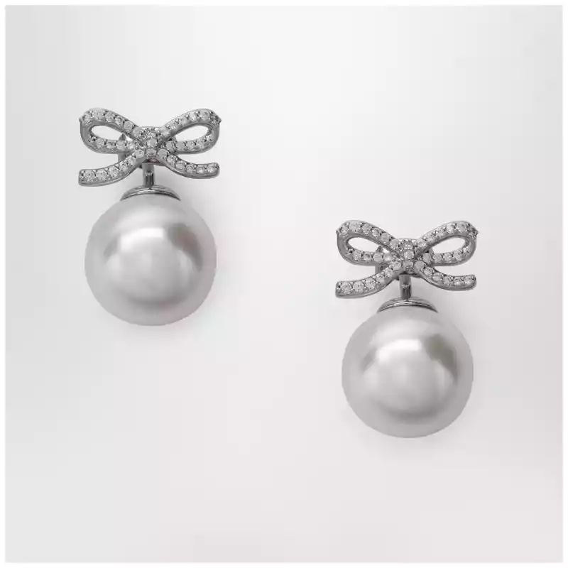 Self-Portrait Crystal bow and back pearl earrings in silver