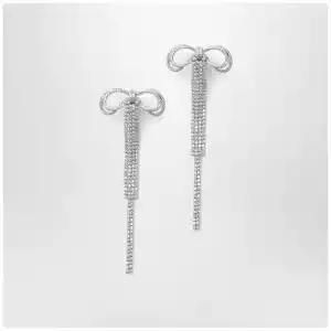 Self-Portrait Double crystal bow drop earrings in silver-plated brass