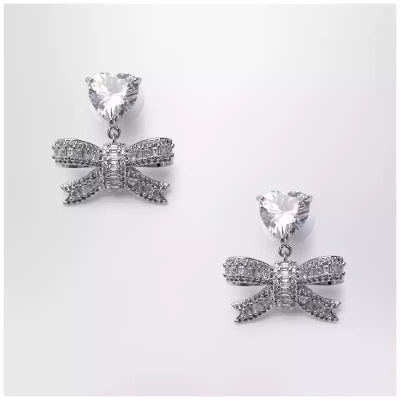 Self-Portrait Heart drop earrings with crystal bow in silver