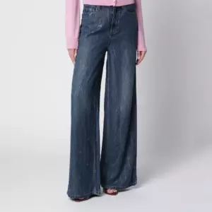 Self-Portrait Wide-leg denim jeans with rhinestone stripes in blue