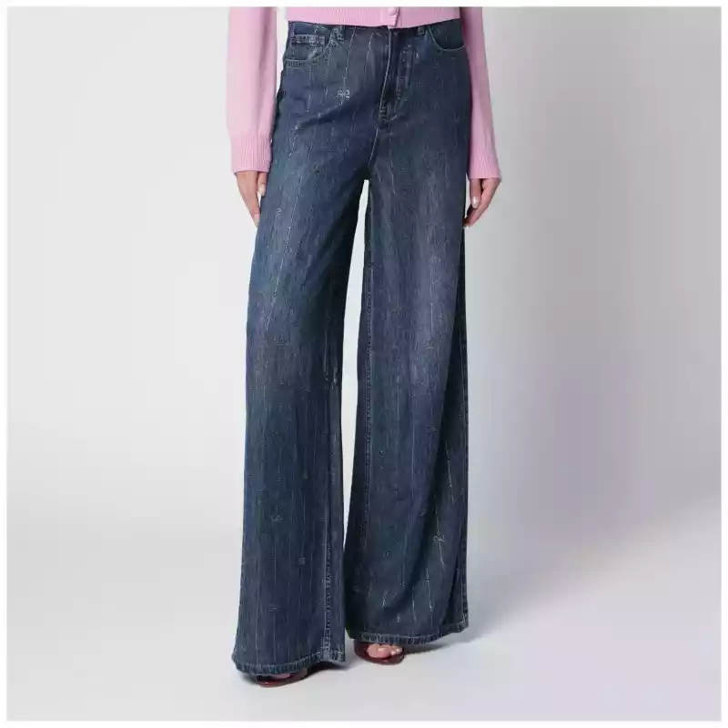 Self-Portrait Wide-leg denim jeans with rhinestone stripes in blue
