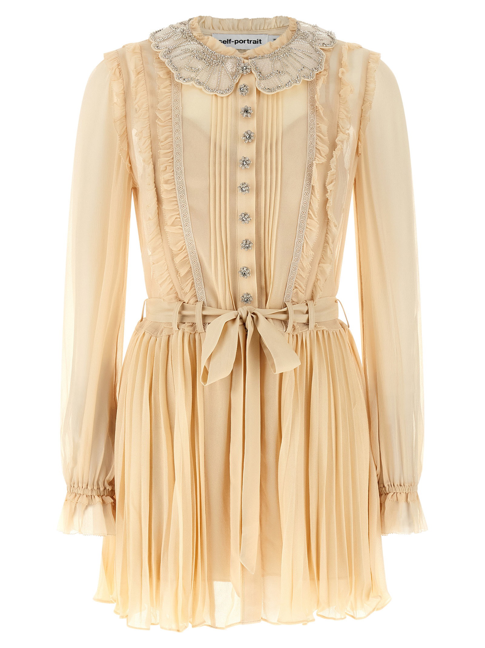 Self-Portrait Tan Pleated Georgette Mini Dress