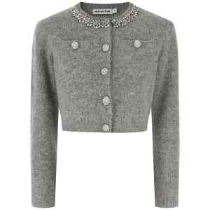 Self-Portrait Grey Fluffy Crystal Trim Cardigan