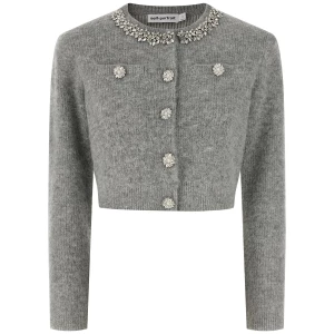 Self-Portrait Grey Fluffy Crystal Trim Cardigan