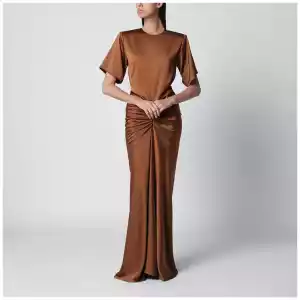 THE ANDAMANE Long Iris dress in bronze with gathered waist