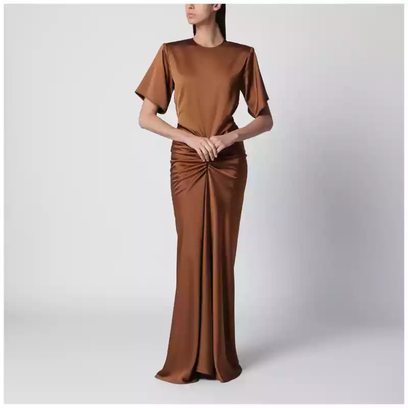 THE ANDAMANE Long Iris dress in bronze with gathered waist