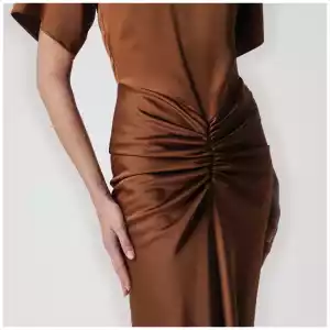 THE ANDAMANE Long Iris dress in bronze with gathered waist