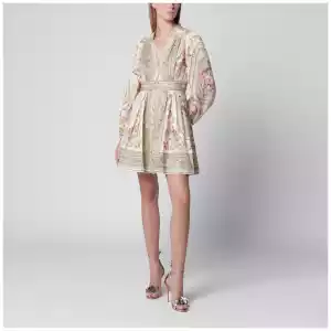 ZIMMERMANN Roselight Mini Dress in Sage Floral Linen