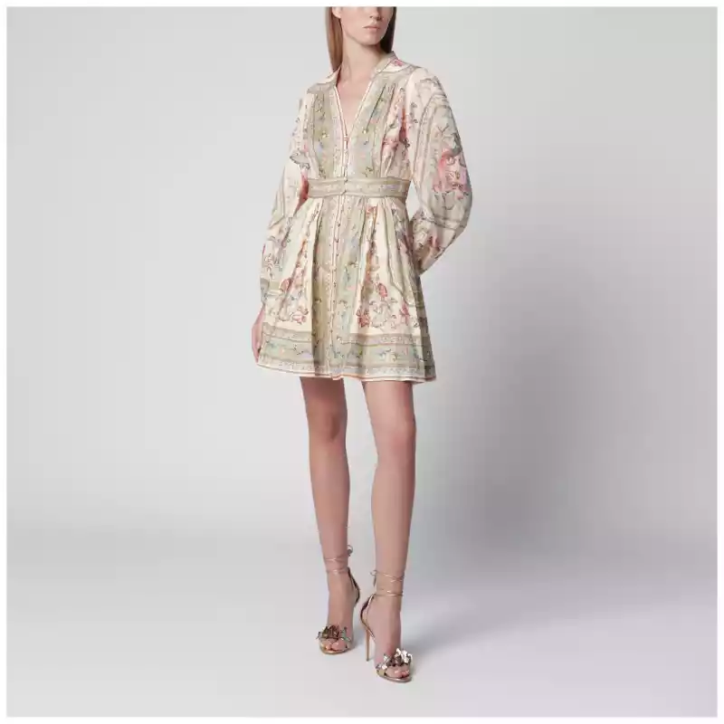 ZIMMERMANN Roselight Mini Dress in Sage Floral Linen