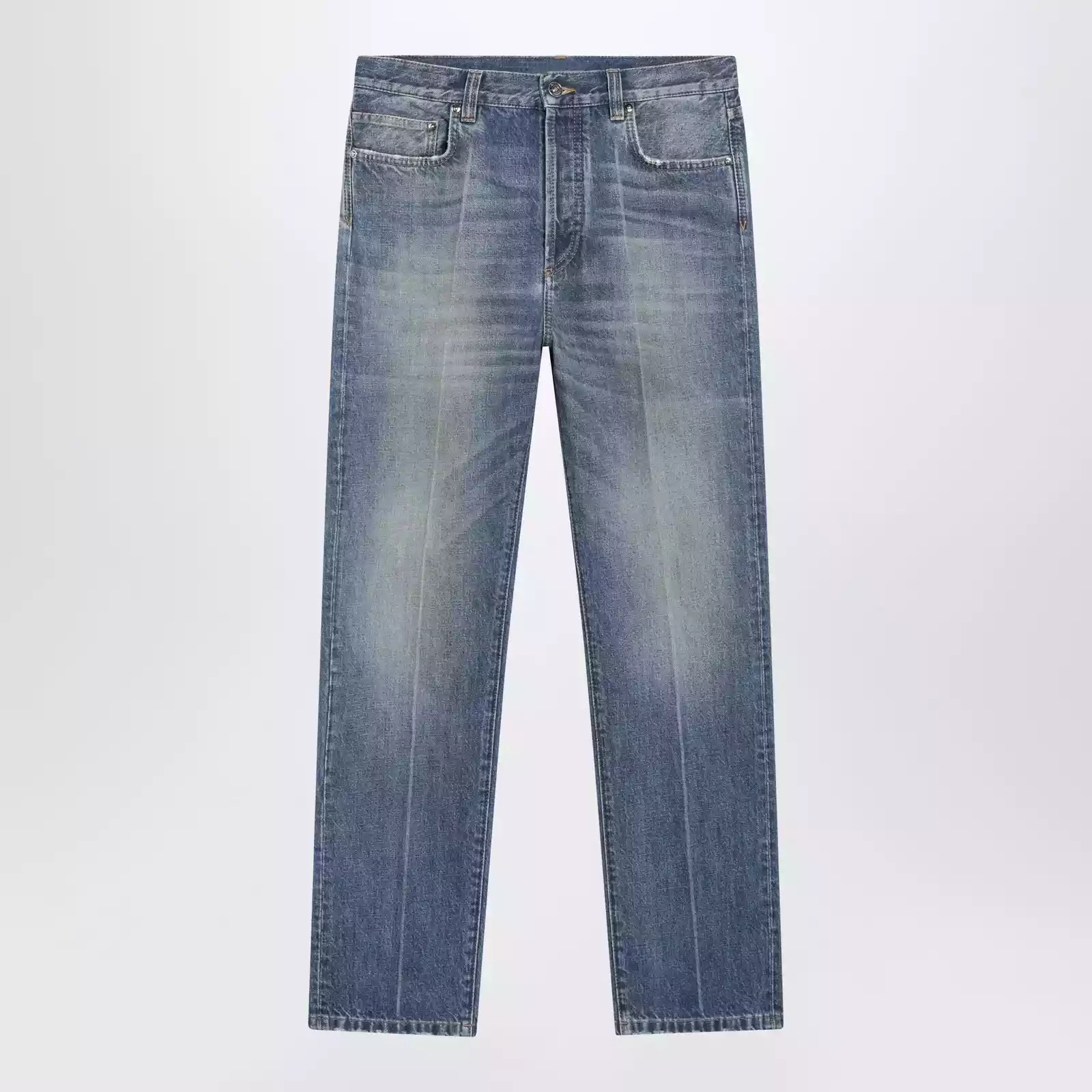 Versace Distressed Straight-Leg Jeans in Blue Denim