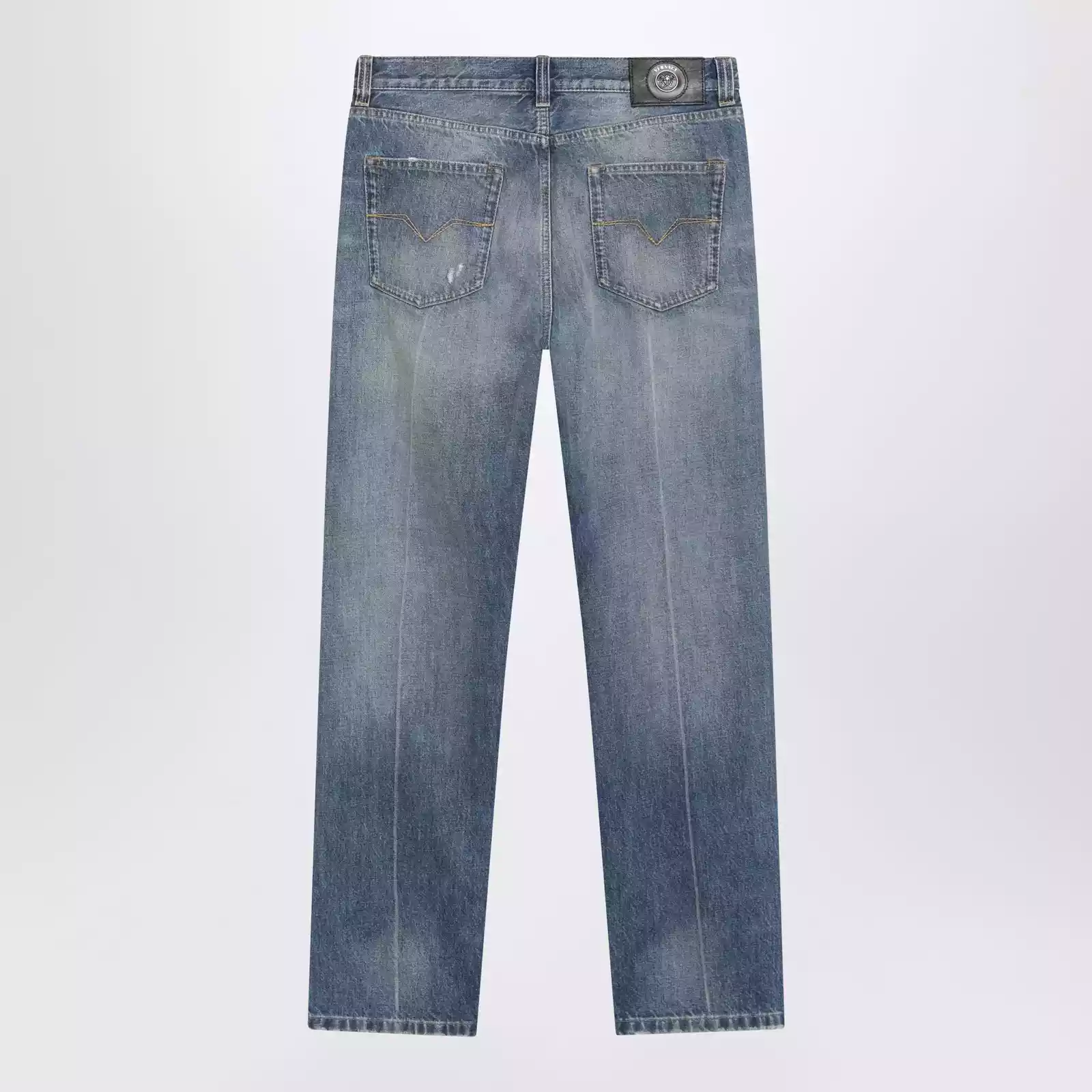 Versace Distressed Straight-Leg Jeans in Blue Denim