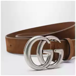 GUCCI Hazelnut suede belt with GG Marmont buckle