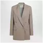 Valentino Double-Breasted Pinstripe Jacket in Mud/Ivory Virgin Wool